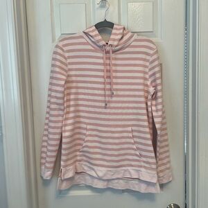 Jones New York pink and White Striped Knit Pullover Hoodie Kangaroo Pocket S